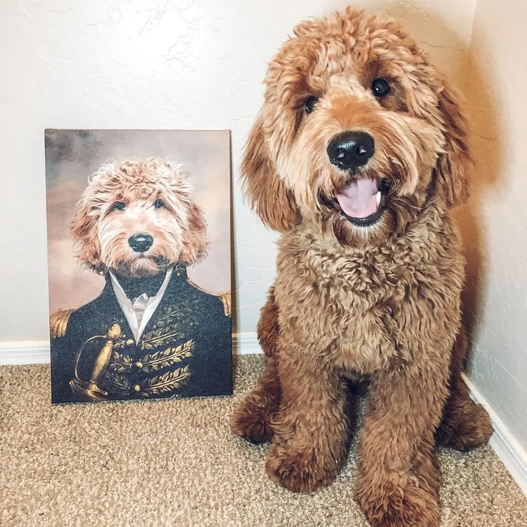 Happy dog beside a personalized royal pet portrait