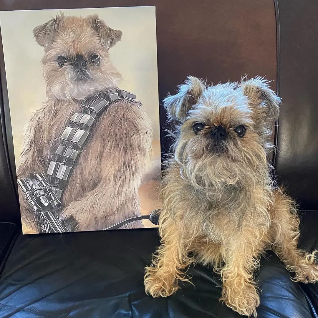 Small dog beside a personalized character portrait