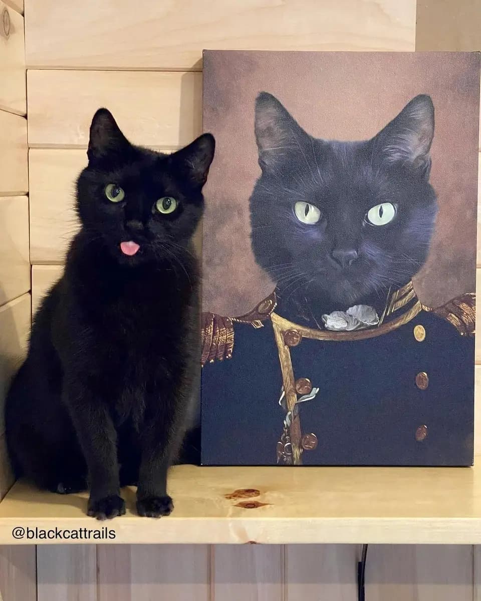Black cat beside a personalized royal pet portrait