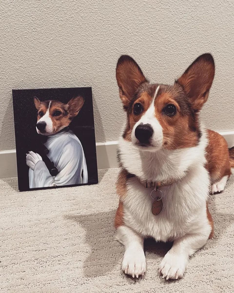 Corgi beside a personalized formal pet portrait