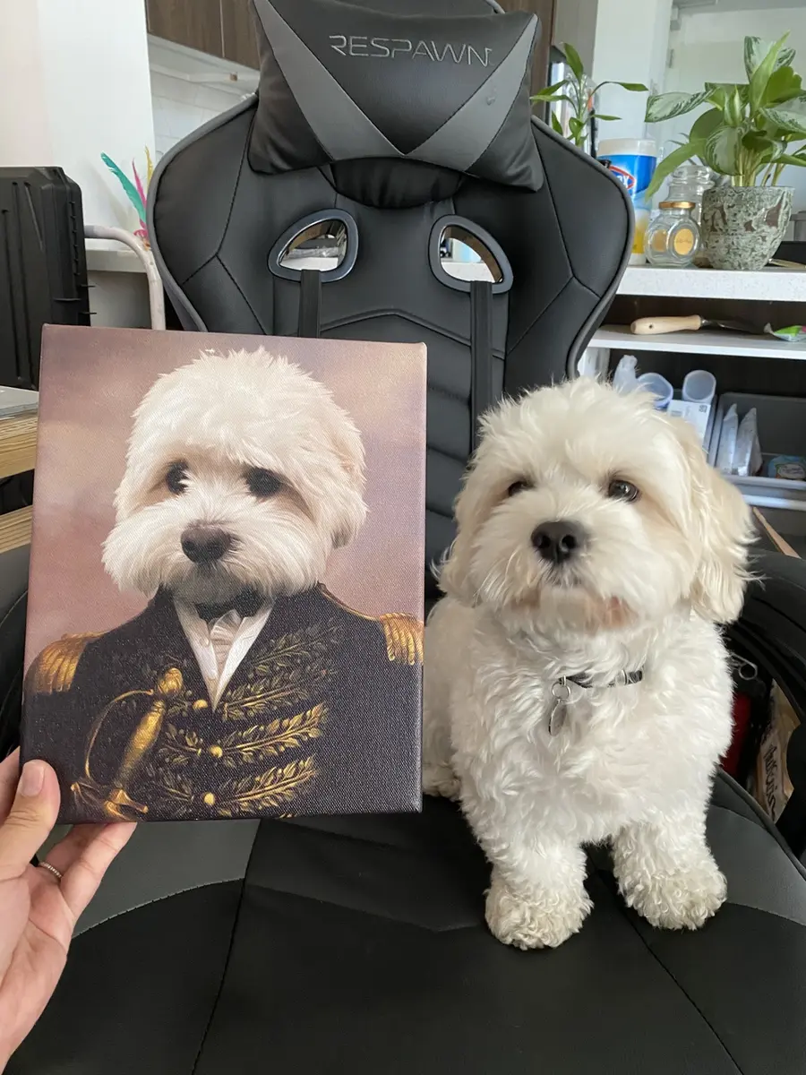 Two dogs posing with a personalized pet portrait