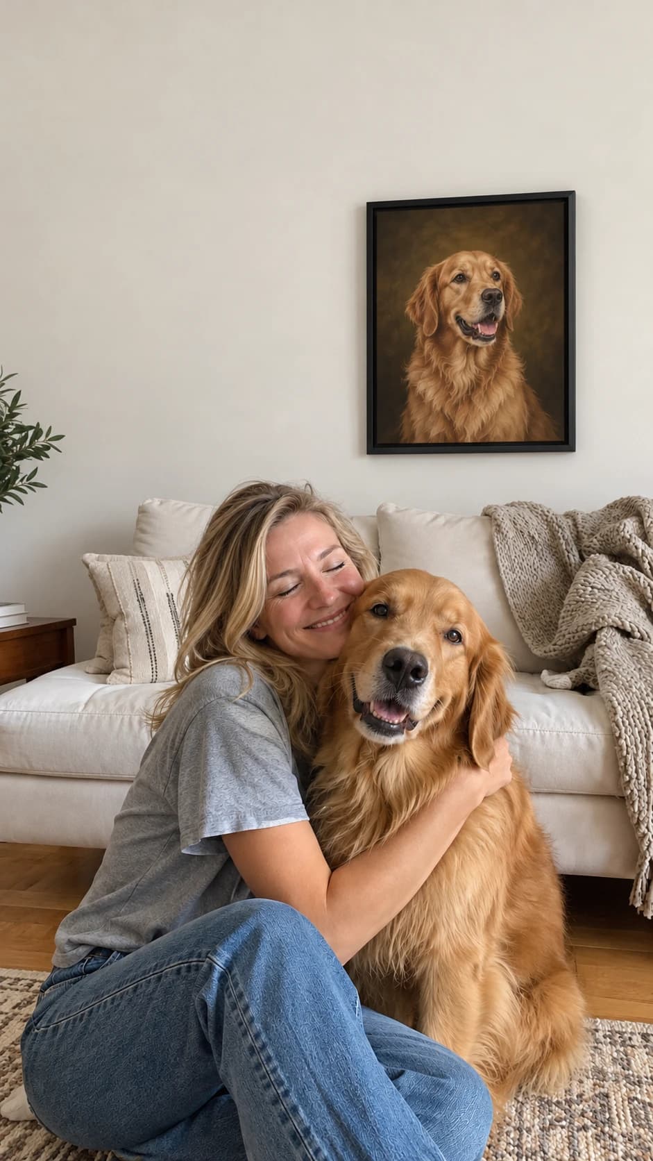 A woman hugging her golden retriever at home, with a framed Heirloom-style portrait of her dog on the wall