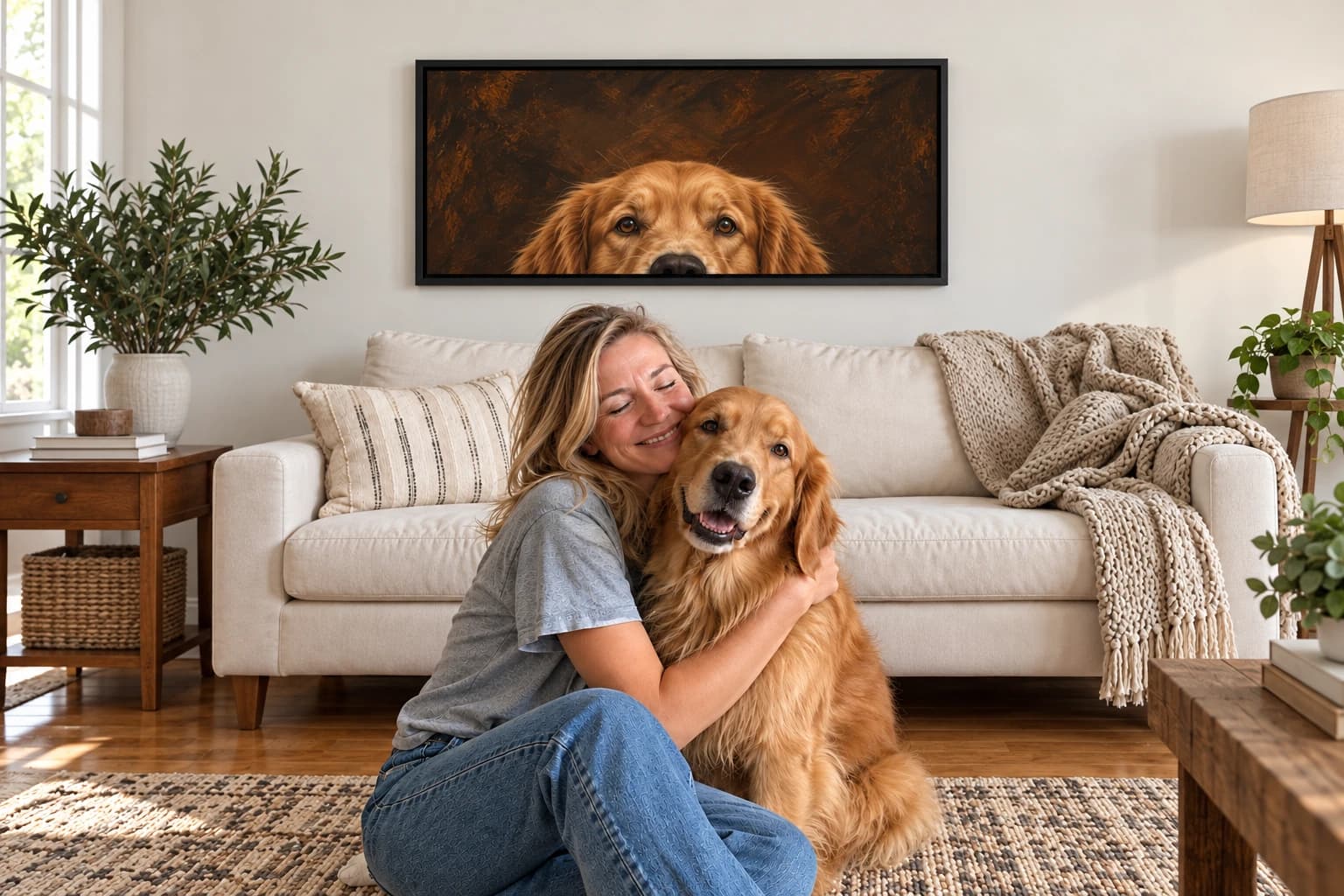 A woman hugging her golden retriever beneath a landscape Hideaway framed canvas in a wide living-room view