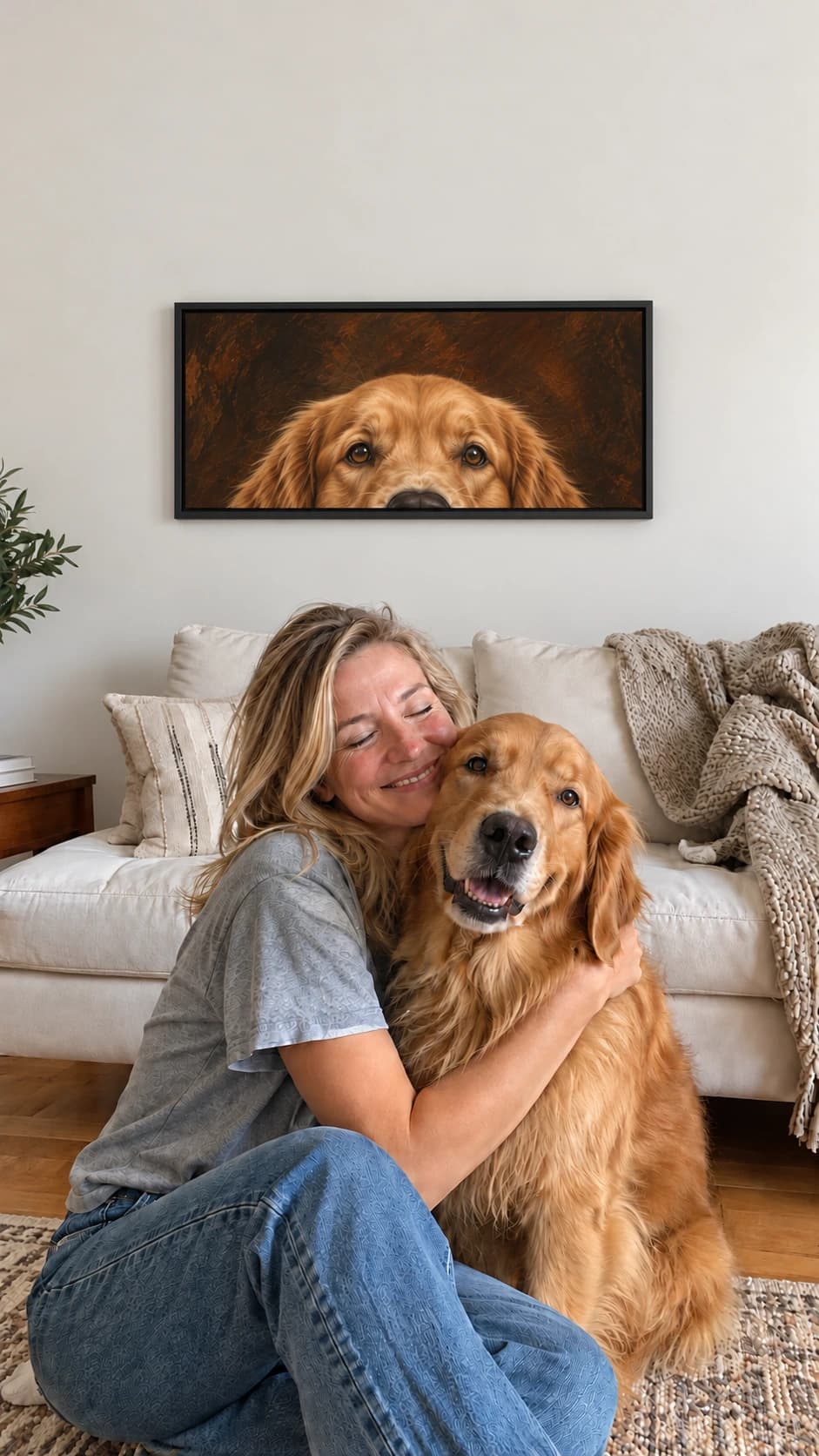 A woman hugging her golden retriever at home, with a centered Hideaway-style portrait of the same dog on the wall