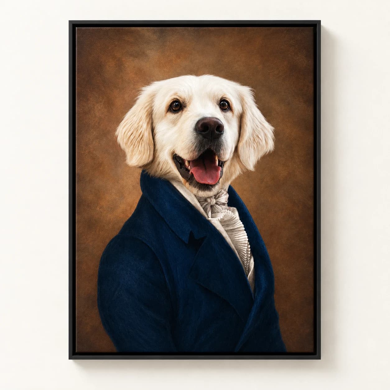 Ambassador custom pet portrait in a black floating canvas frame on an ivory wall