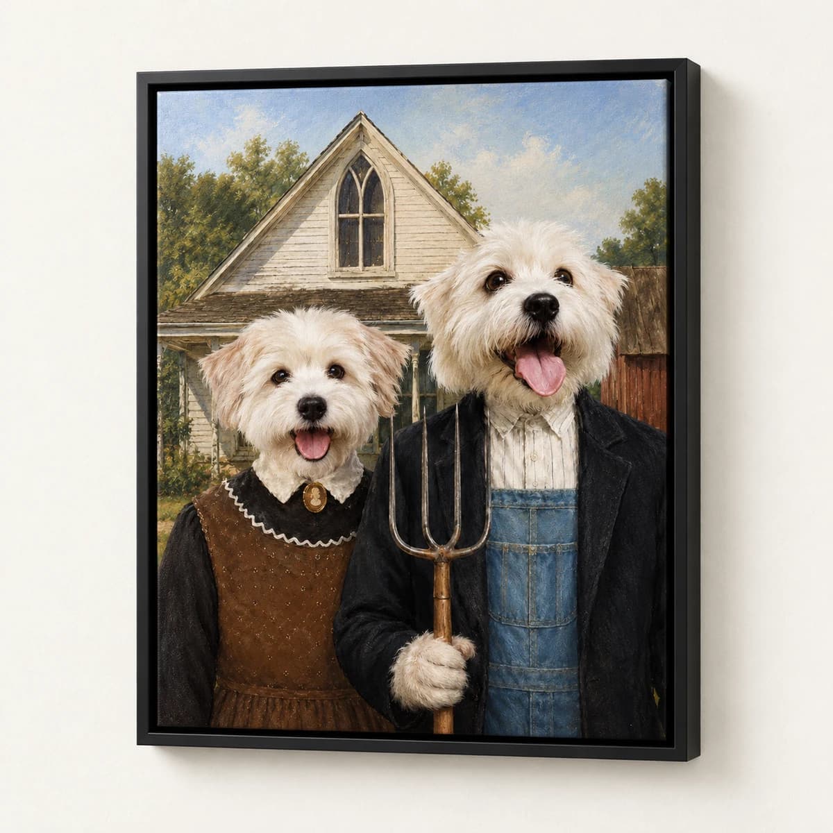 American Gothic custom pet portrait in a black floating canvas frame on an ivory wall
