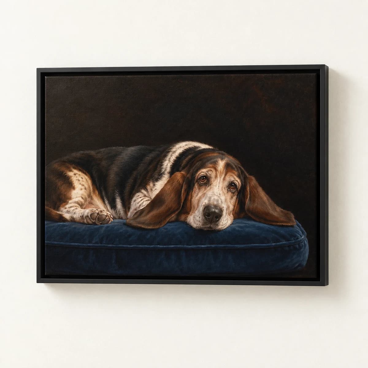 At Ease custom pet portrait in a black floating canvas frame on an ivory wall