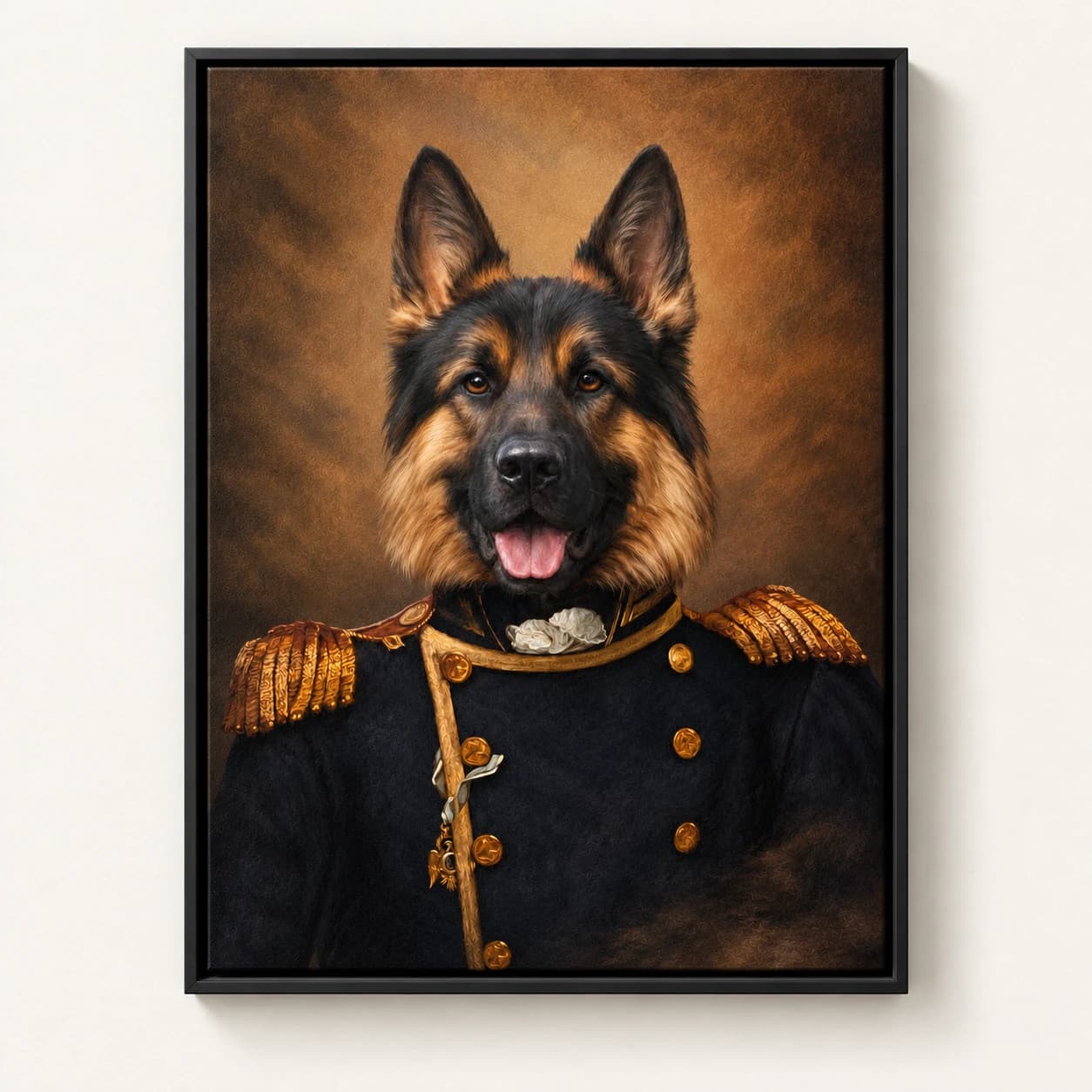 Commander custom pet portrait in a black floating canvas frame on an ivory wall
