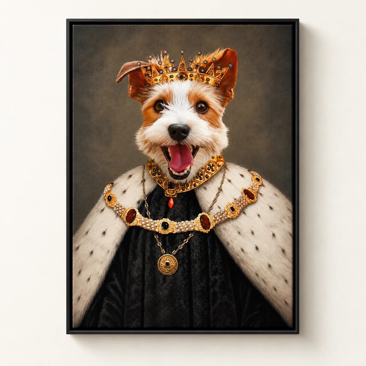 Crowned King custom pet portrait in a black floating canvas frame on an ivory wall