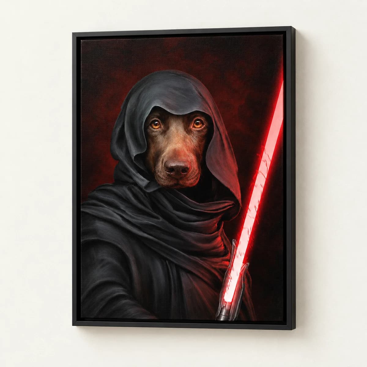 Darkforce custom pet portrait in a black floating canvas frame on an ivory wall