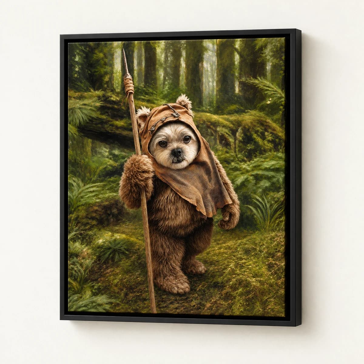 Ewokified custom pet portrait in a black floating canvas frame on an ivory wall
