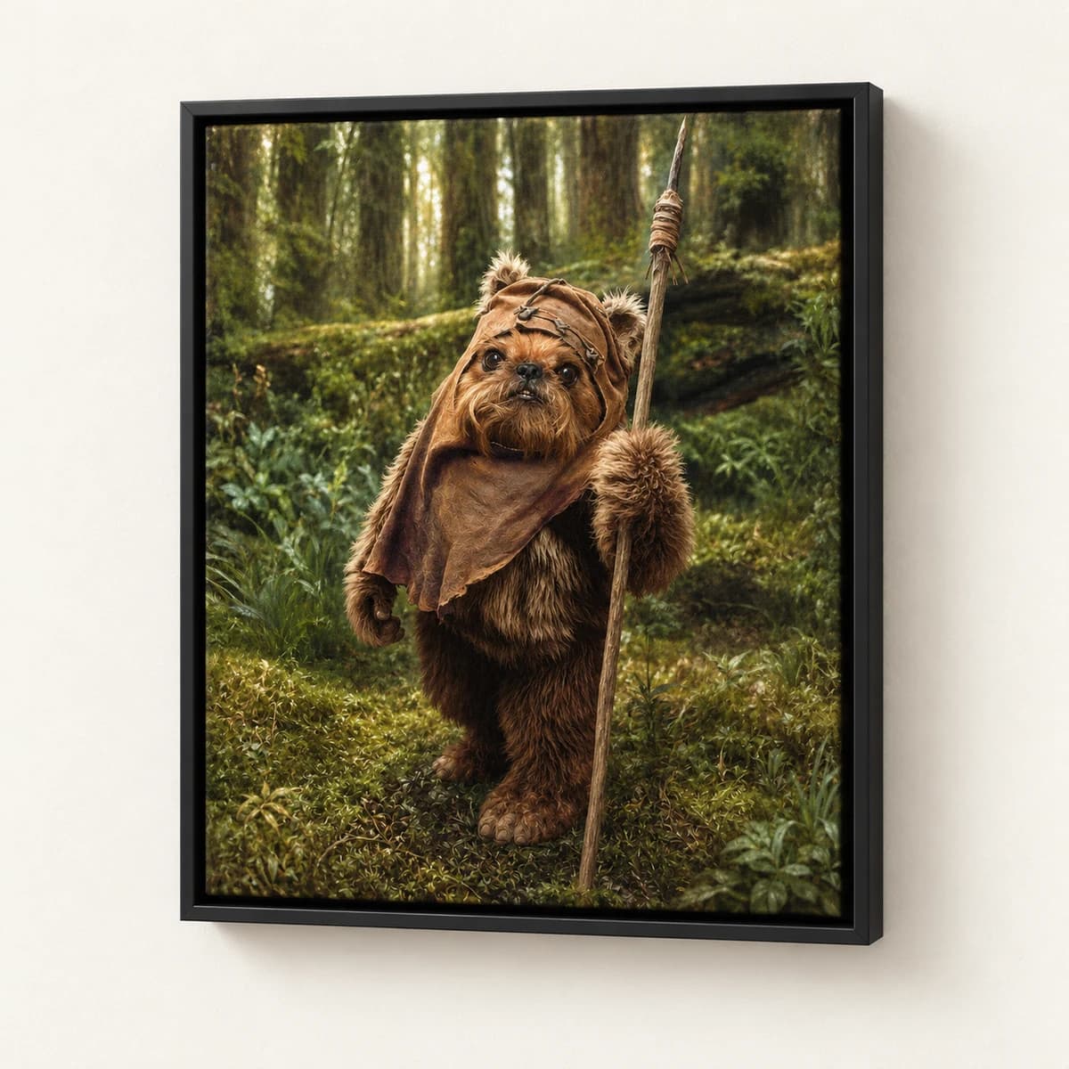 Ewook custom pet portrait in a black floating canvas frame on an ivory wall