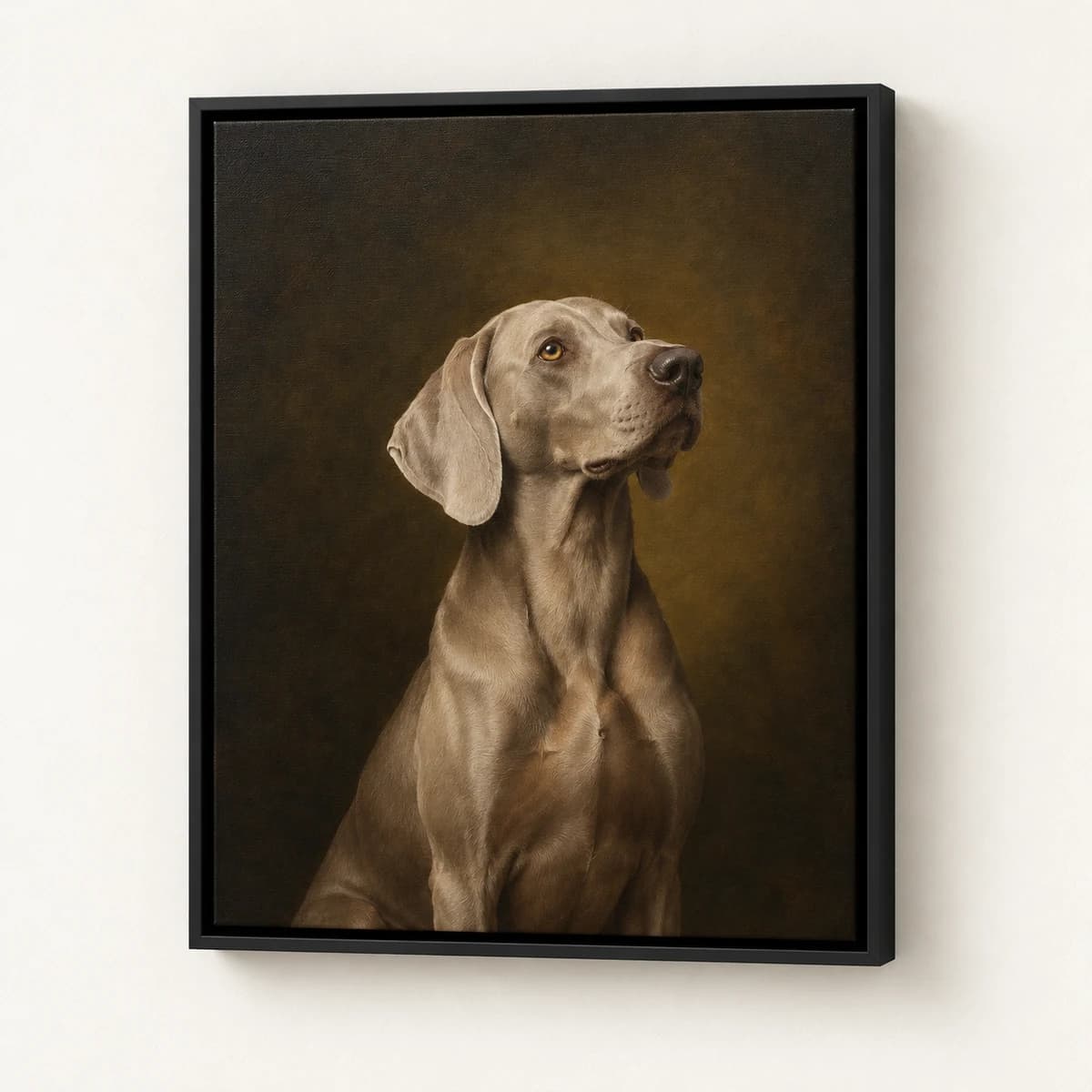 Heirloom custom pet portrait in a black floating canvas frame on an ivory wall