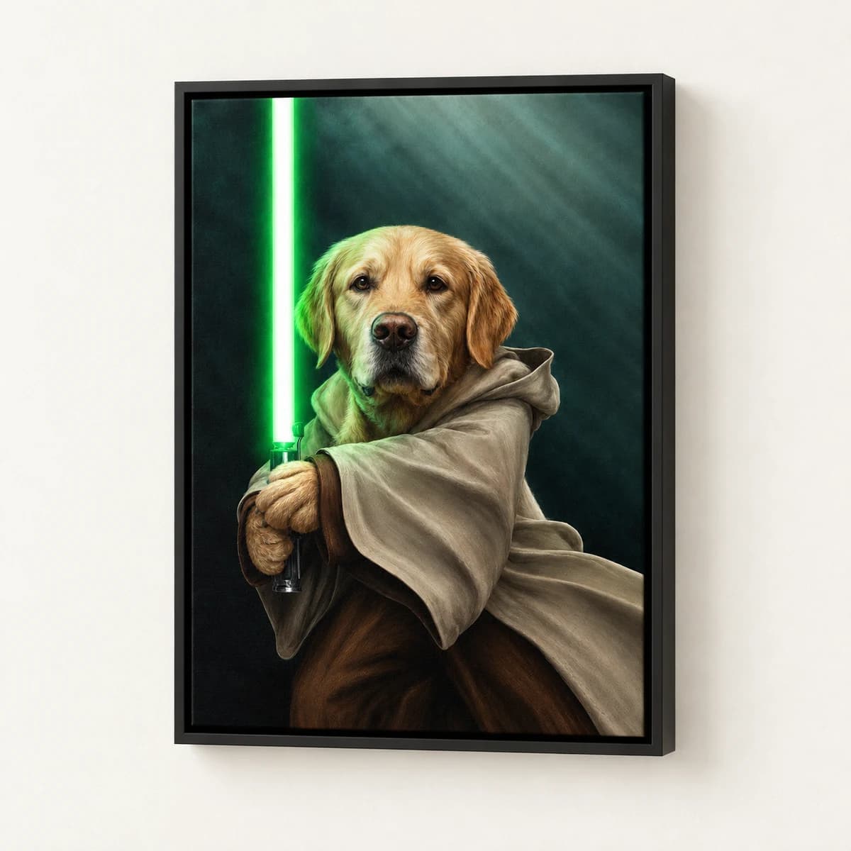 Master Paw custom pet portrait in a black floating canvas frame on an ivory wall