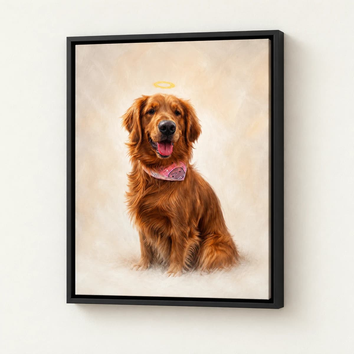 Memorial Portrait custom pet portrait in a black floating canvas frame on an ivory wall