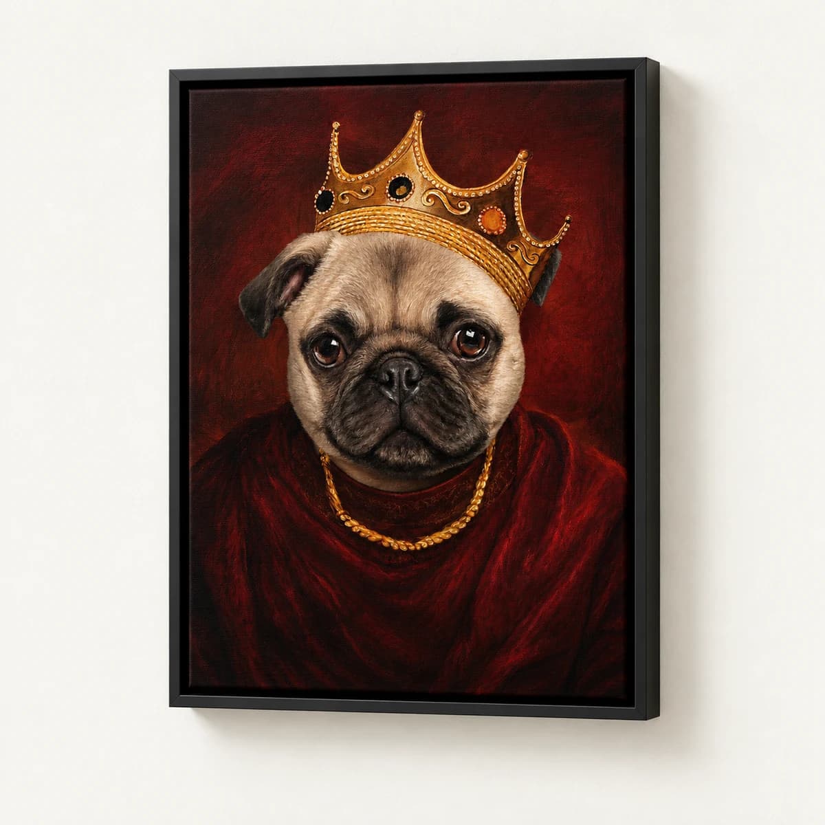 Notorious Paw custom pet portrait in a black floating canvas frame on an ivory wall