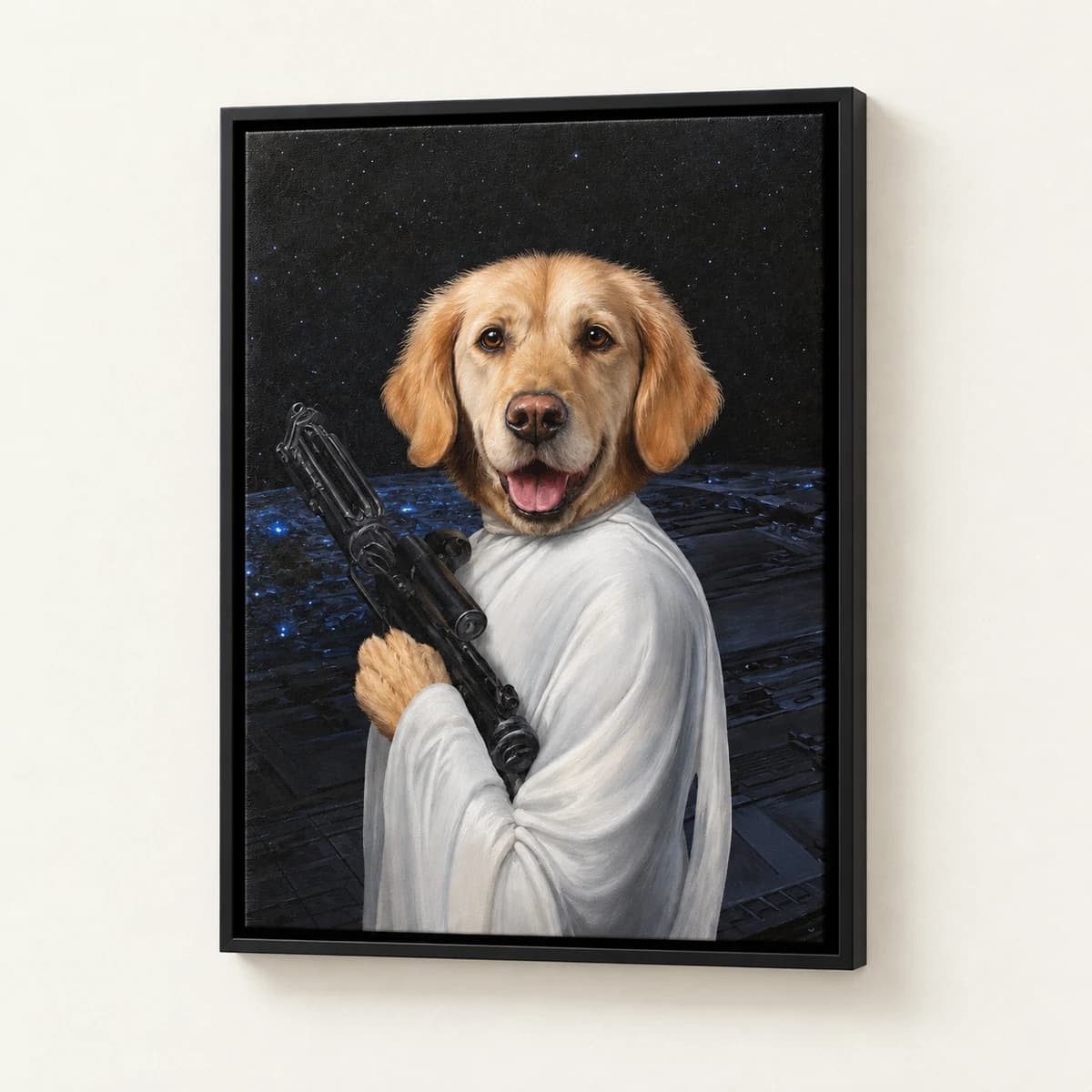 Princess Pawleia custom pet portrait in a black floating canvas frame on an ivory wall