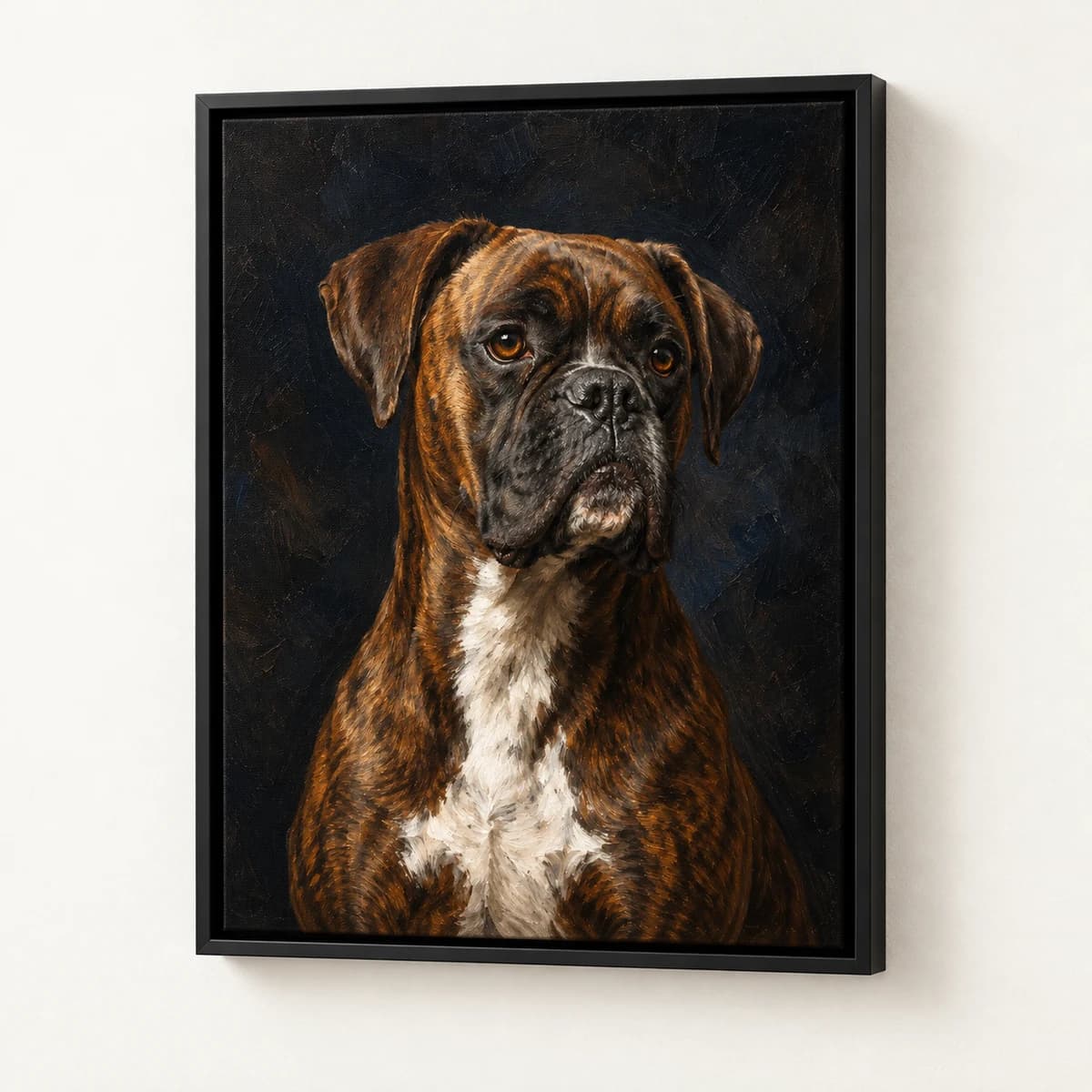 Signature custom pet portrait in a black floating canvas frame on an ivory wall