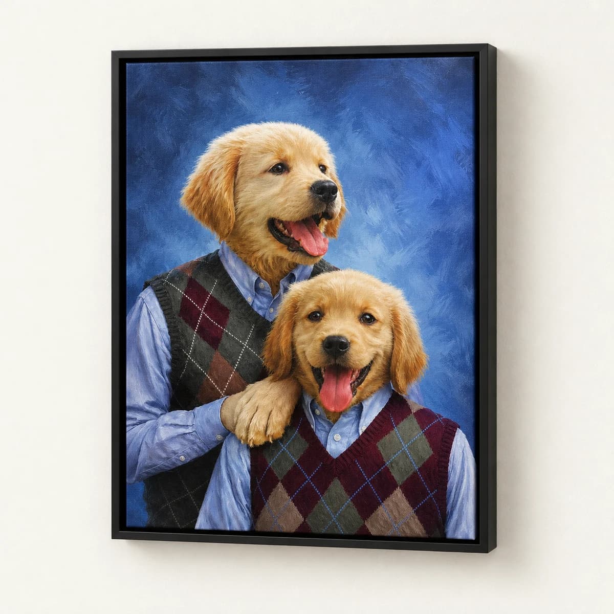 Step Doggos custom pet portrait in a black floating canvas frame on an ivory wall
