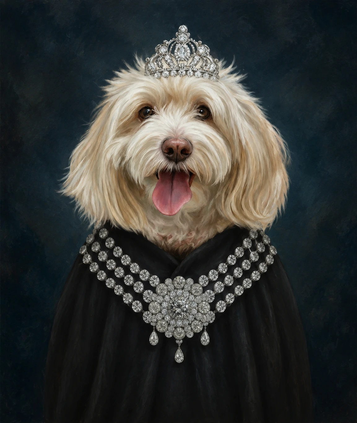 Classy Lady custom pet portrait in a black floating canvas frame on an ivory wall