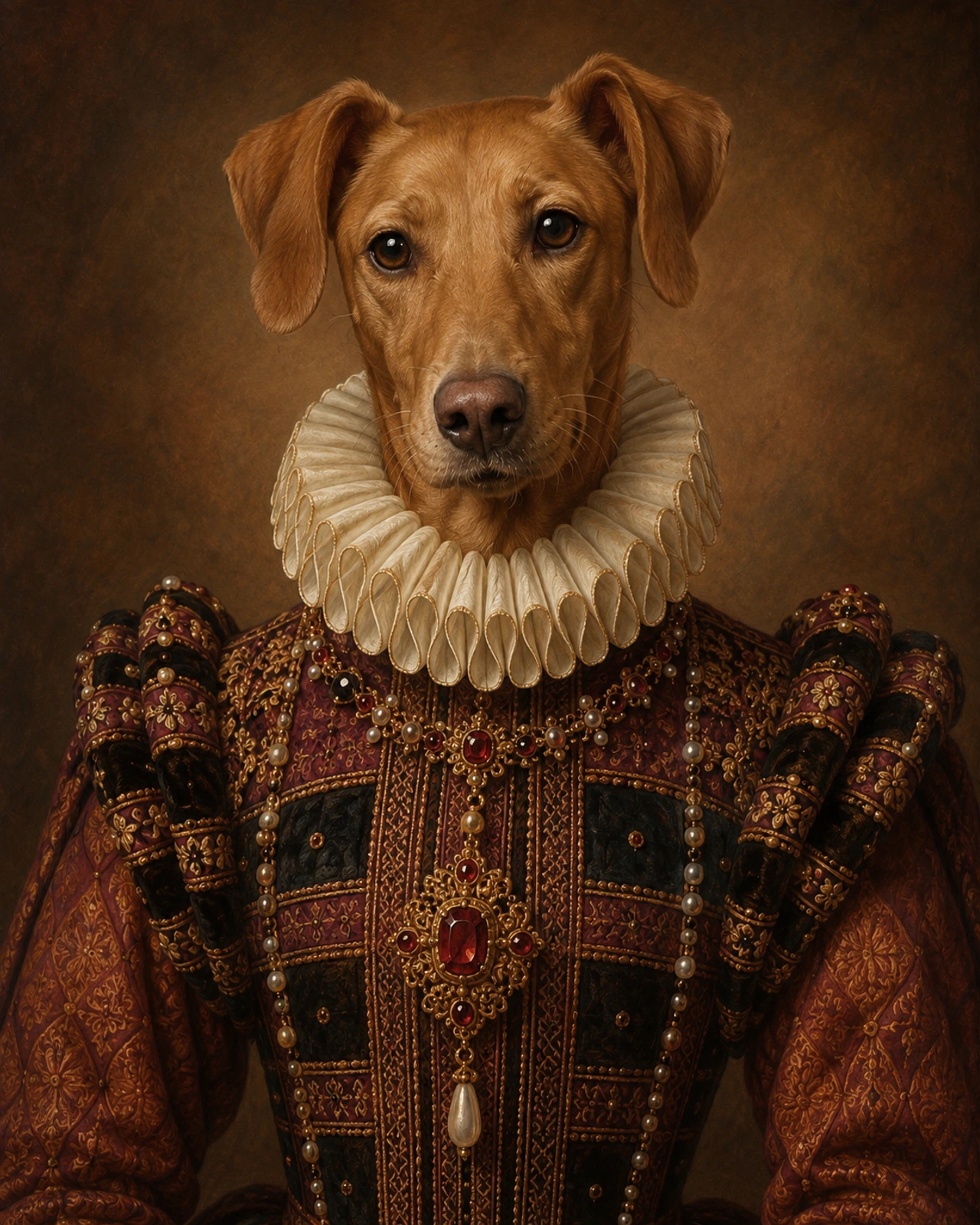 Countess custom pet portrait in a black floating canvas frame on an ivory wall