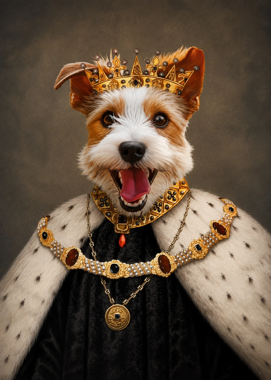 Crowned King custom pet portrait in a black floating canvas frame on an ivory wall