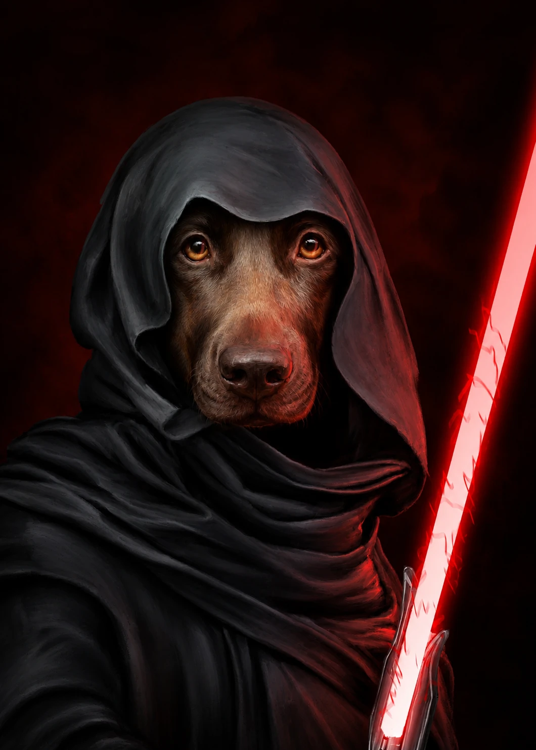 Darkforce custom pet portrait in a black floating canvas frame on an ivory wall