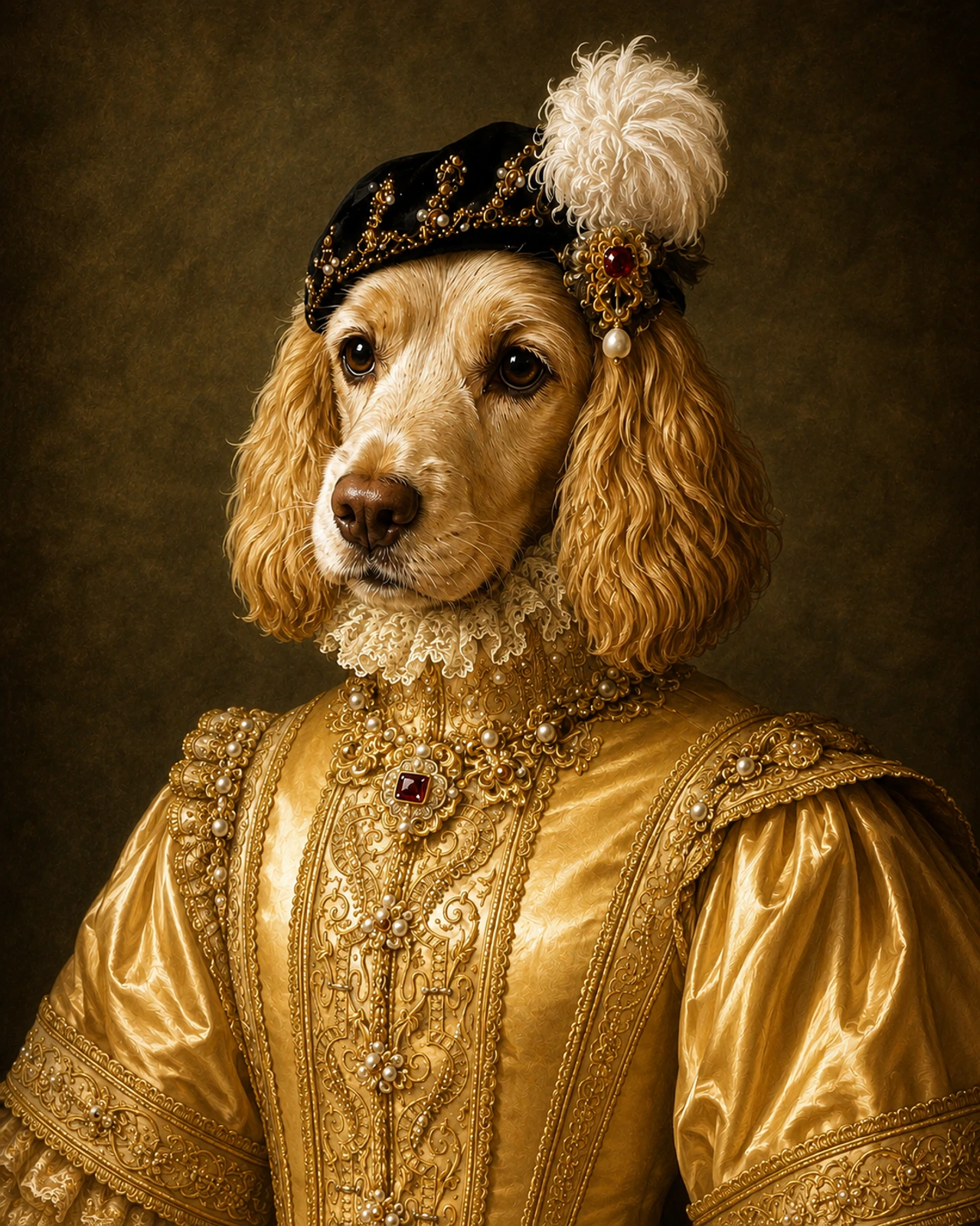Duchess custom pet portrait in a black floating canvas frame on an ivory wall
