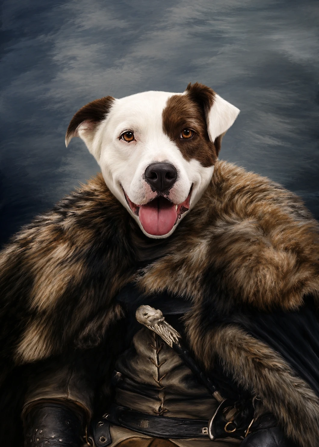 Jon Paw custom pet portrait in a black floating canvas frame on an ivory wall