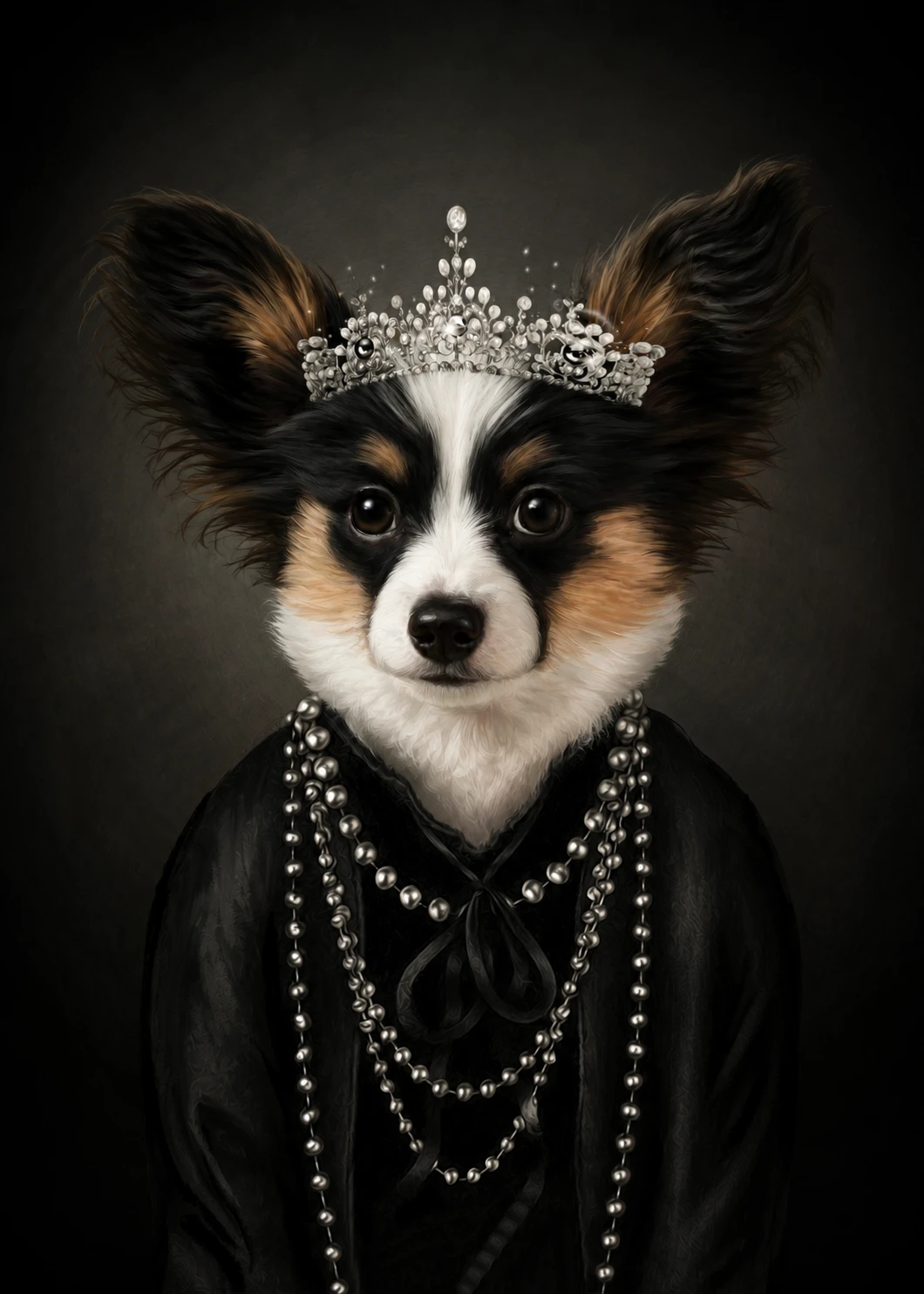 Lady Iconic custom pet portrait in a black floating canvas frame on an ivory wall