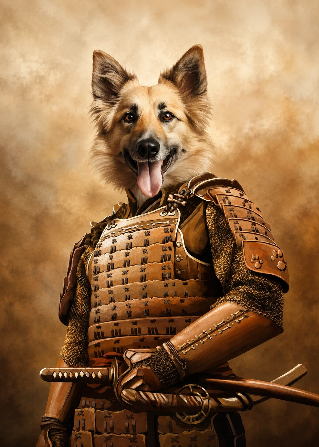 Samurai custom pet portrait in a black floating canvas frame on an ivory wall